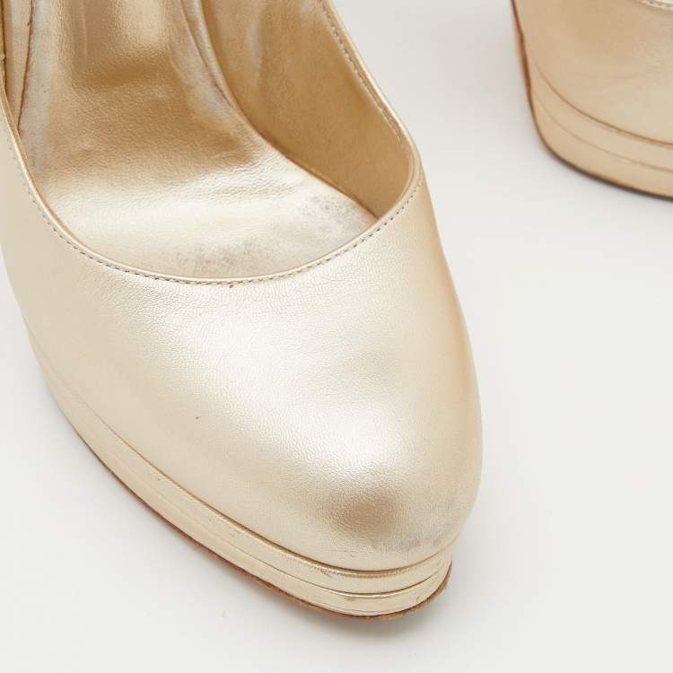 Pre Owned Casadei Metallic Beige Leather Round Toe Platform Pumps Size 38.5