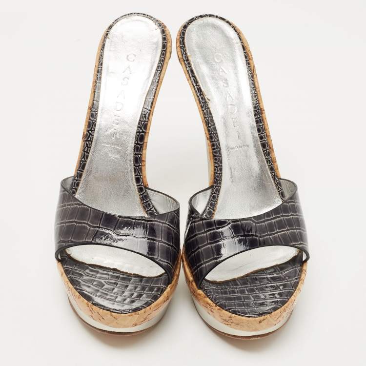 Pre Owned Casadei Black Croc Embossed Patent Leather Cork Platform Sandals Size 39