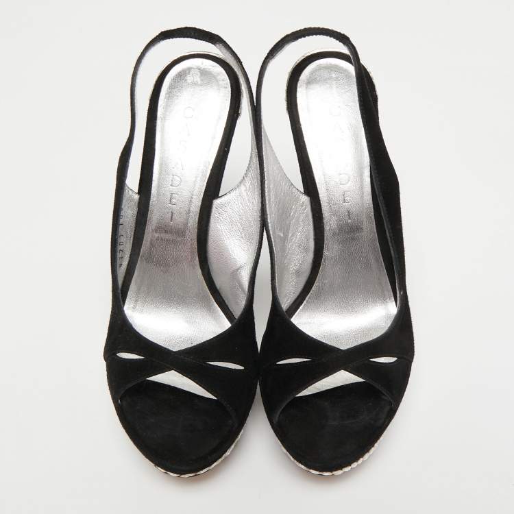 Pre Owned Casadei Black Suede Crystals Embellished Slingback Pumps Size 37.5