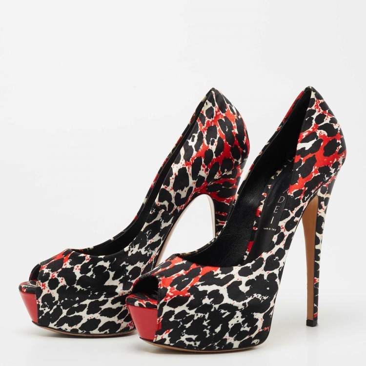 Pre Owned Casadei Tricolor Printed Satin Peep Toe Platform Pumps Size 38