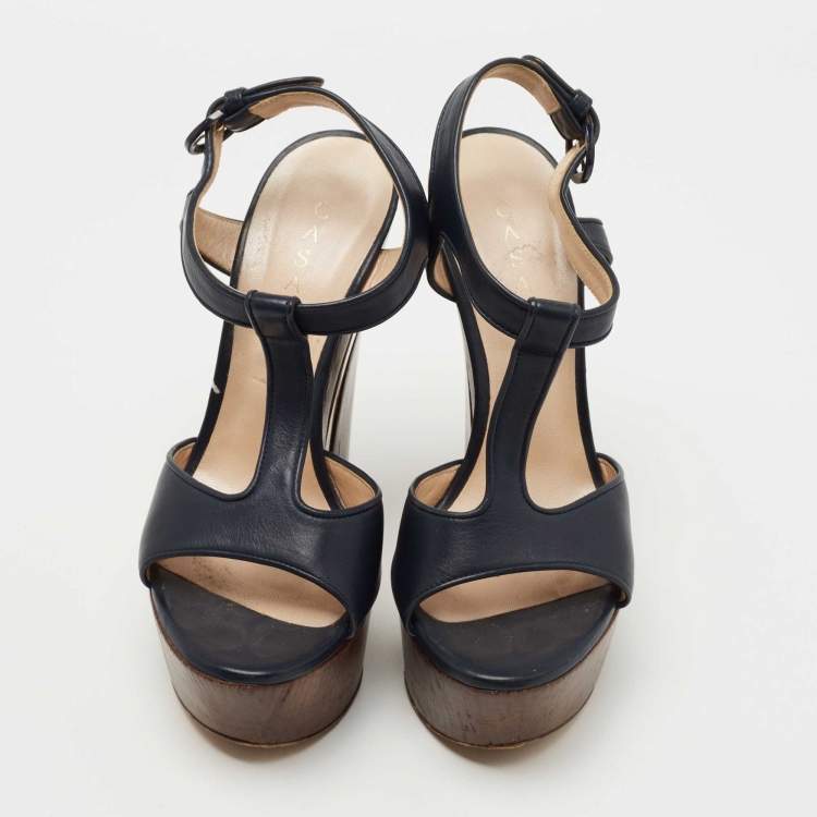 Pre Owned Casadei Navy Blue Leather Ankle Strap Platform Sandals Size 36