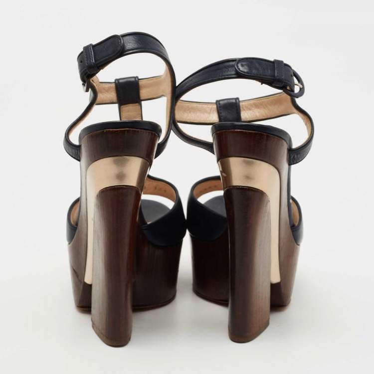 Pre Owned Casadei Navy Blue Leather Ankle Strap Platform Sandals Size 36