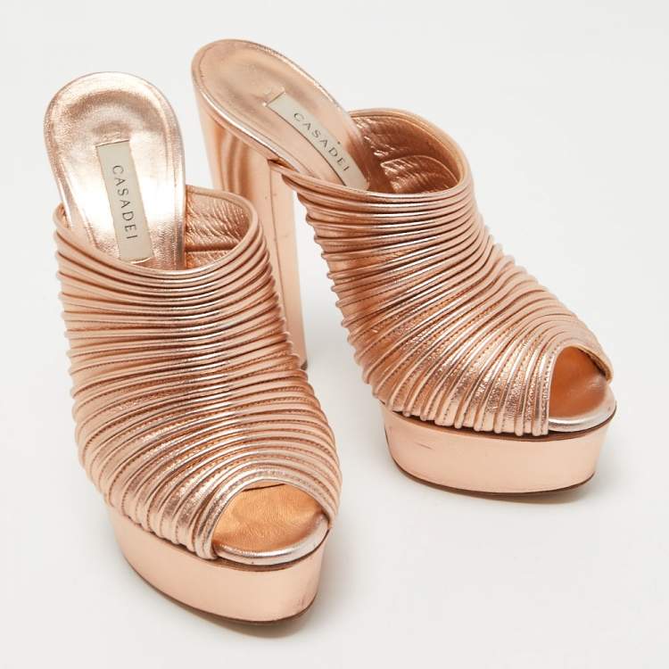 Pre Owned Casadei Rose Gold Leather Open Toe Platform Mules Size 35