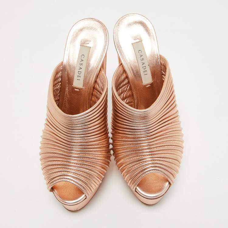 Pre Owned Casadei Rose Gold Leather Open Toe Platform Mules Size 35
