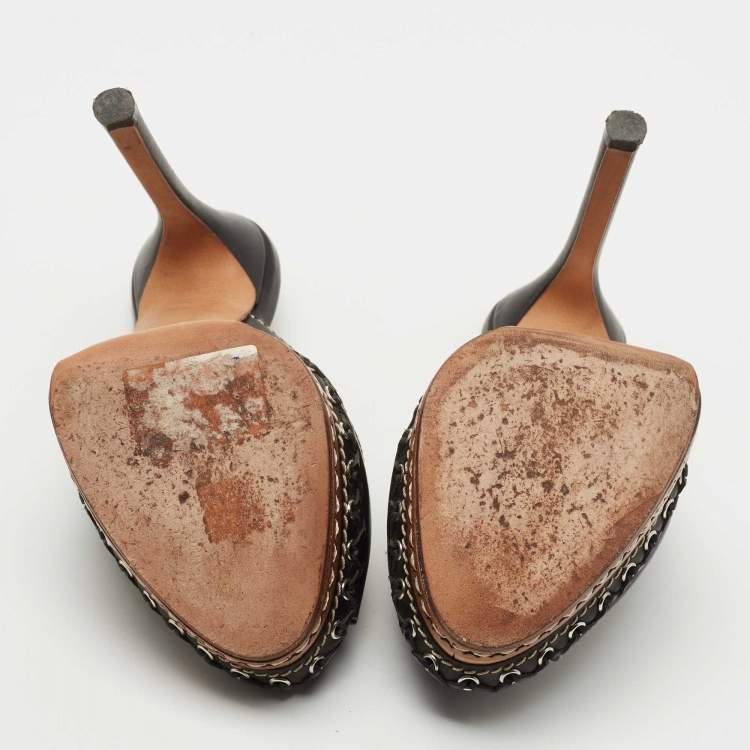 مملوكة مسبقًا Casadei Black Leather Peep Toe Platform Slide Sandals Size 35