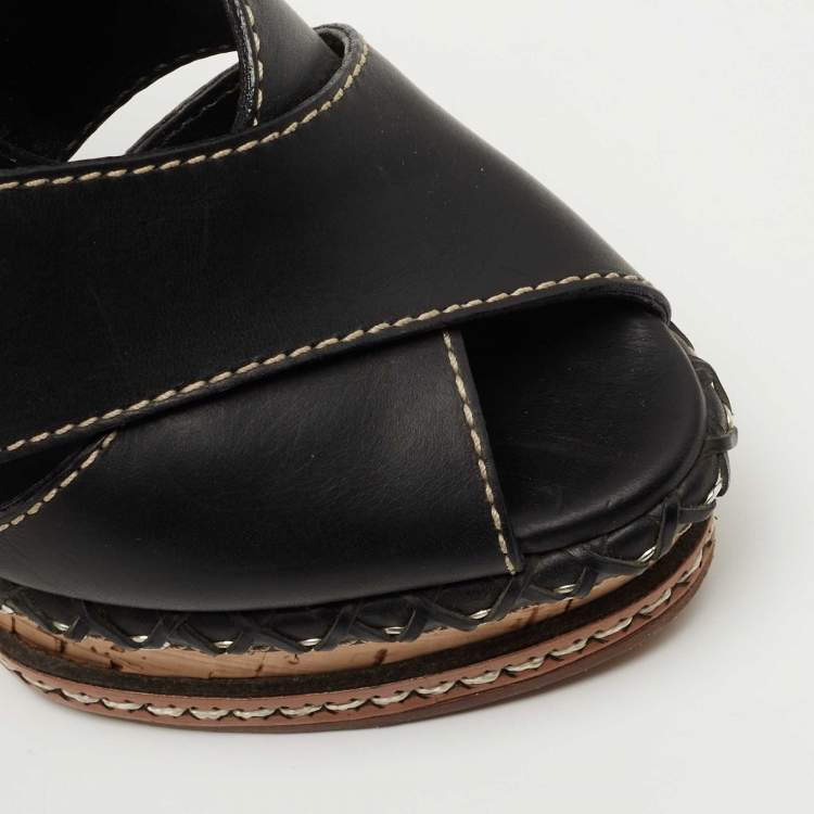 مملوكة مسبقًا Casadei Black Leather Peep Toe Platform Slide Sandals Size 35