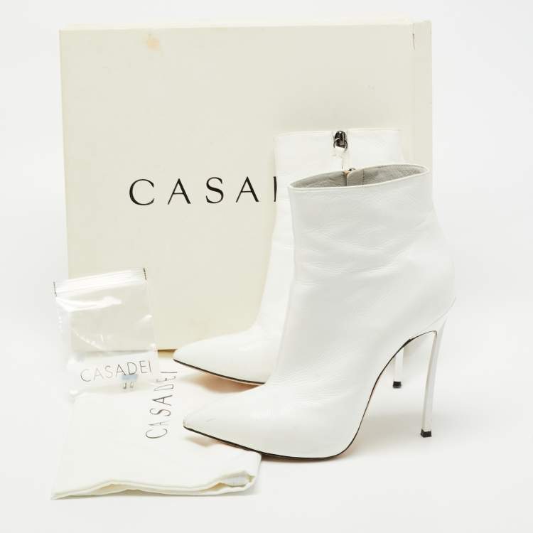 Pre Owned Casadei White Leather Platform Pointed Toe Ankle Boots Size 37.5