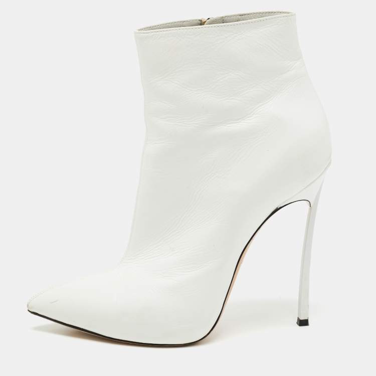 Pre Owned Casadei White Leather Platform Pointed Toe Ankle Boots Size 37.5