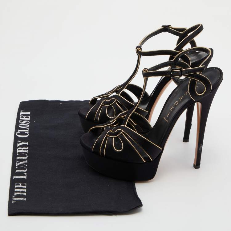 Pre Owned Casadei Black/Gold Satin and Leather Platform Sandals Size 37