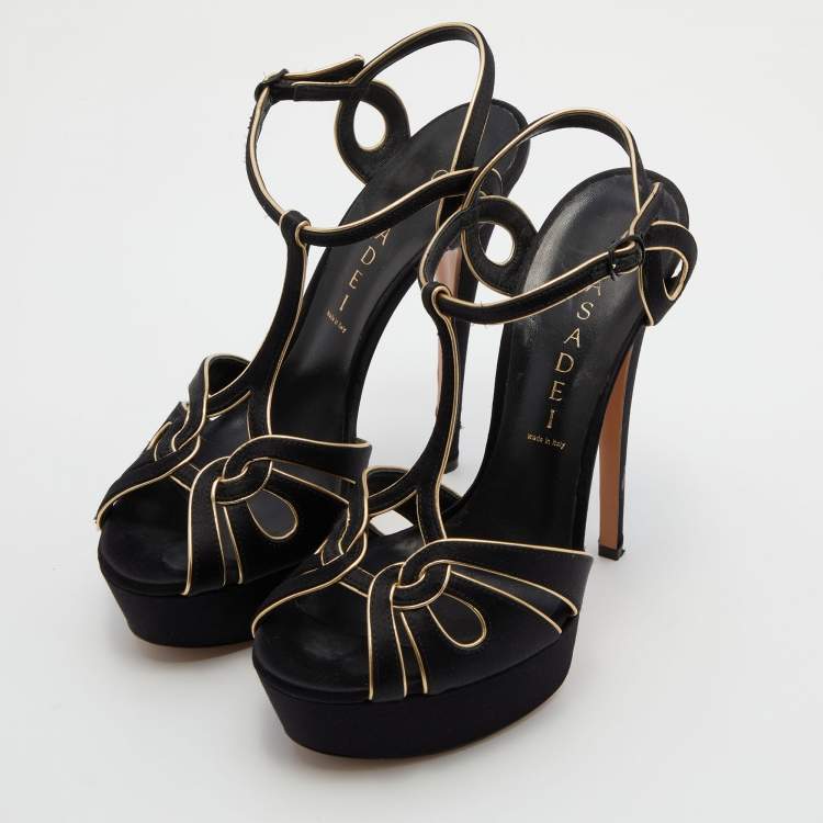 Pre Owned Casadei Black/Gold Satin and Leather Platform Sandals Size 37