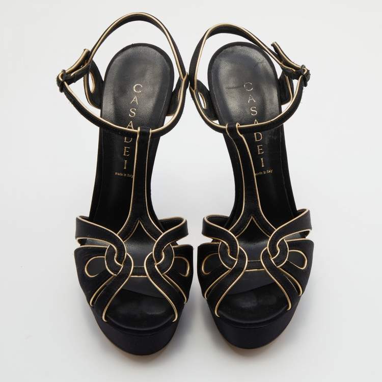 Pre Owned Casadei Black/Gold Satin and Leather Platform Sandals Size 37