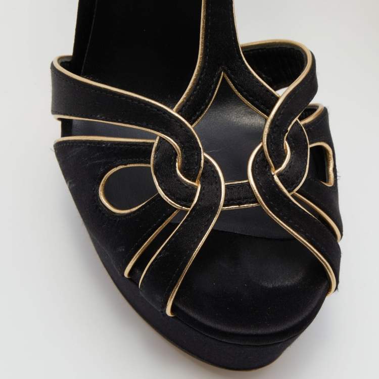 Pre Owned Casadei Black/Gold Satin and Leather Platform Sandals Size 37