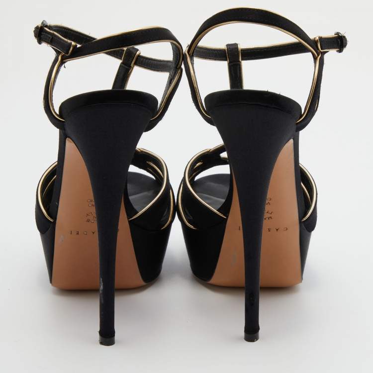 Pre Owned Casadei Black/Gold Satin and Leather Platform Sandals Size 37