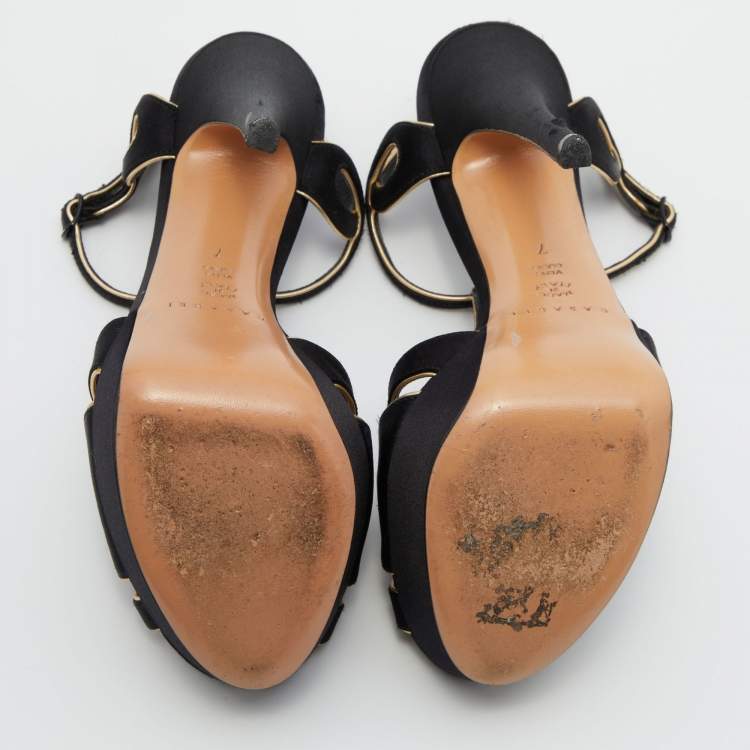 Pre Owned Casadei Black/Gold Satin and Leather Platform Sandals Size 37
