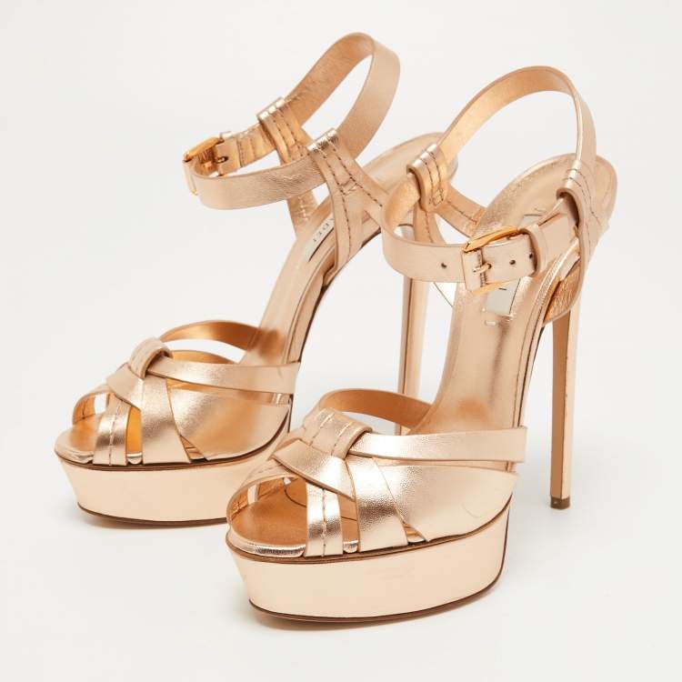 Pre Owned Casadei Rose Gold Leather Strappy Platform Sandals Size 39