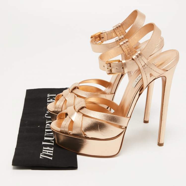 Pre Owned Casadei Rose Gold Leather Strappy Platform Sandals Size 39