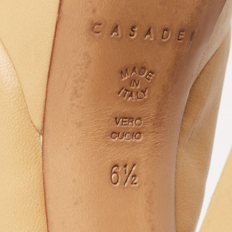 Pre Owned Casadei Beige Leather Platform Slingback Peep Toe Pumps Size 36.5