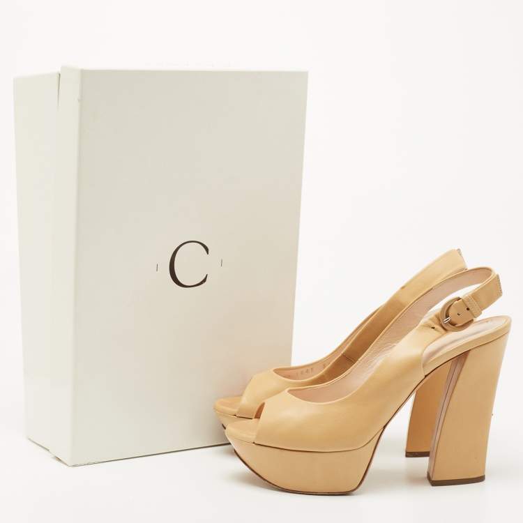 Pre Owned Casadei Beige Leather Platform Slingback Peep Toe Pumps Size 36.5