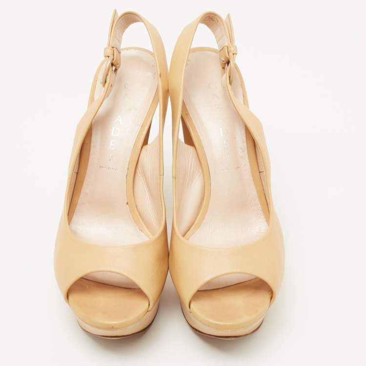 Pre Owned Casadei Beige Leather Platform Slingback Peep Toe Pumps Size 36.5