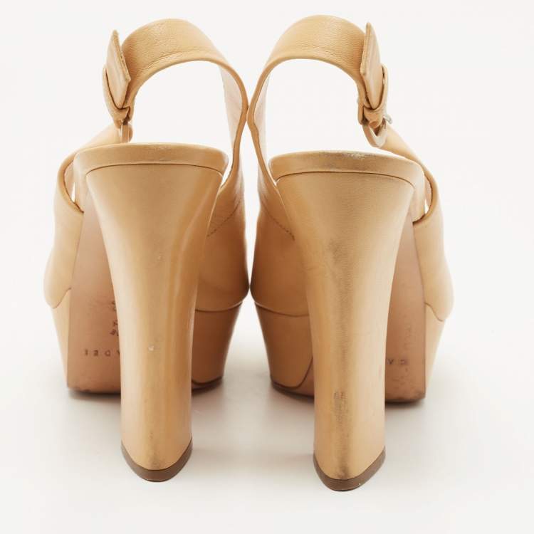 Pre Owned Casadei Beige Leather Platform Slingback Peep Toe Pumps Size 36.5