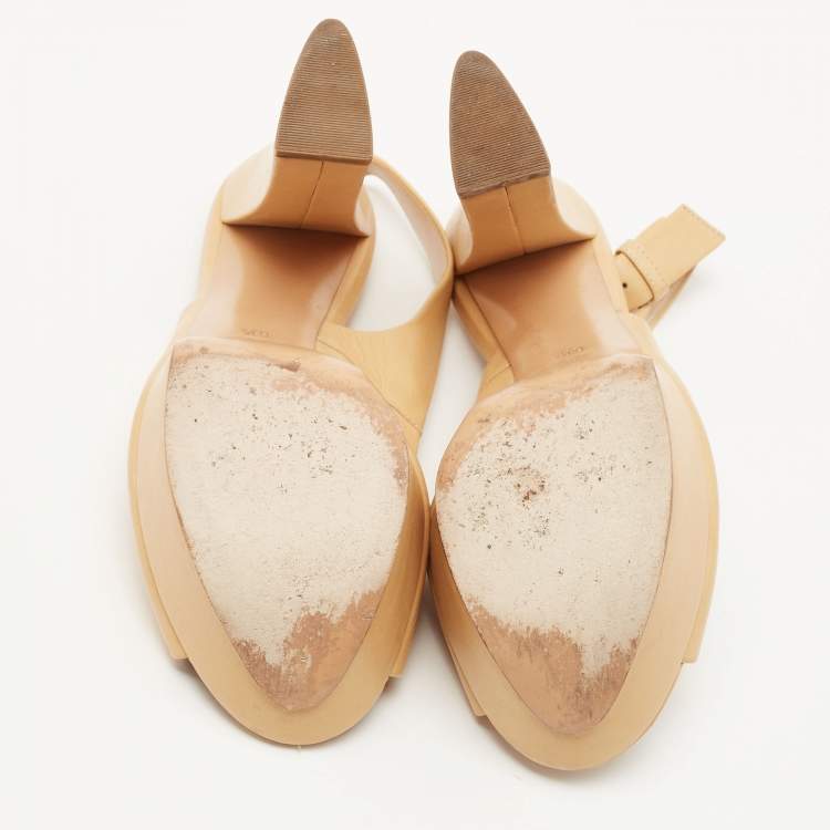 Pre Owned Casadei Beige Leather Platform Slingback Peep Toe Pumps Size 36.5