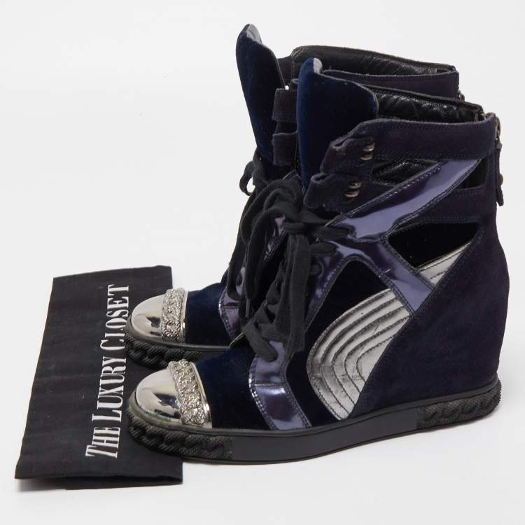 Pre Owned Casadei Tricolor Suede and Leather High Top Wedge Sneakers Size 38