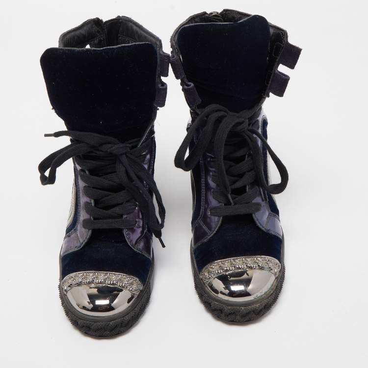 Pre Owned Casadei Tricolor Suede and Leather High Top Wedge Sneakers Size 38