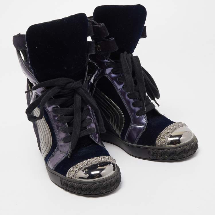 Pre Owned Casadei Tricolor Suede and Leather High Top Wedge Sneakers Size 38