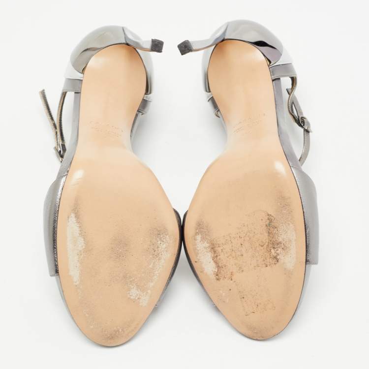 Pre Owned Casadei Metallic Silver Leather T-strap Sandals Size 39