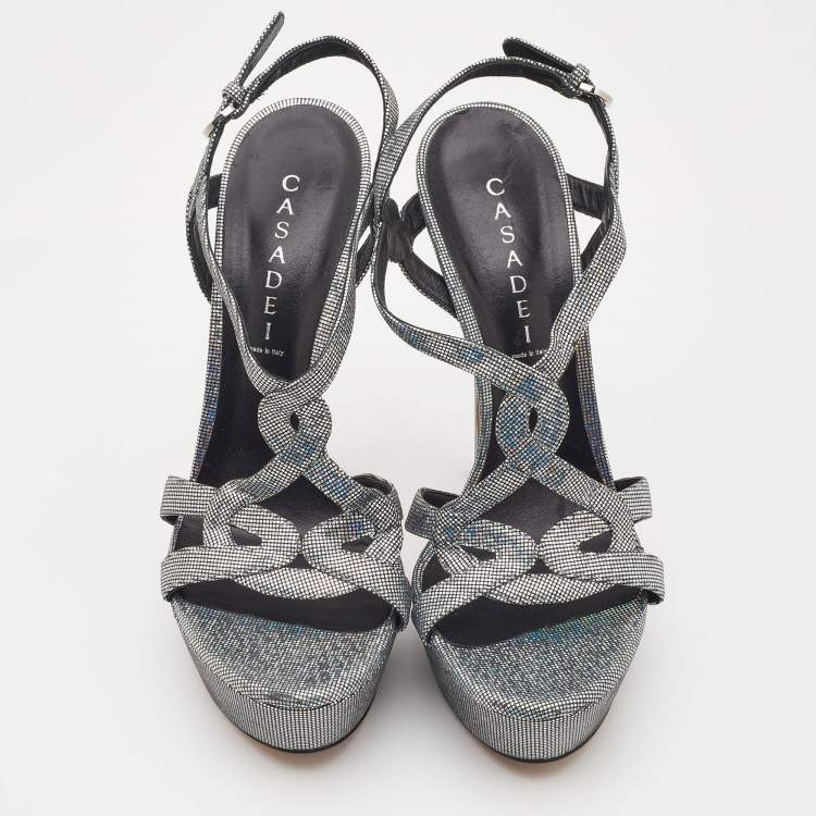 مملوكة مسبقًا Casadei Metallic Glitter Suede Ankle Strap Sandals Size 41