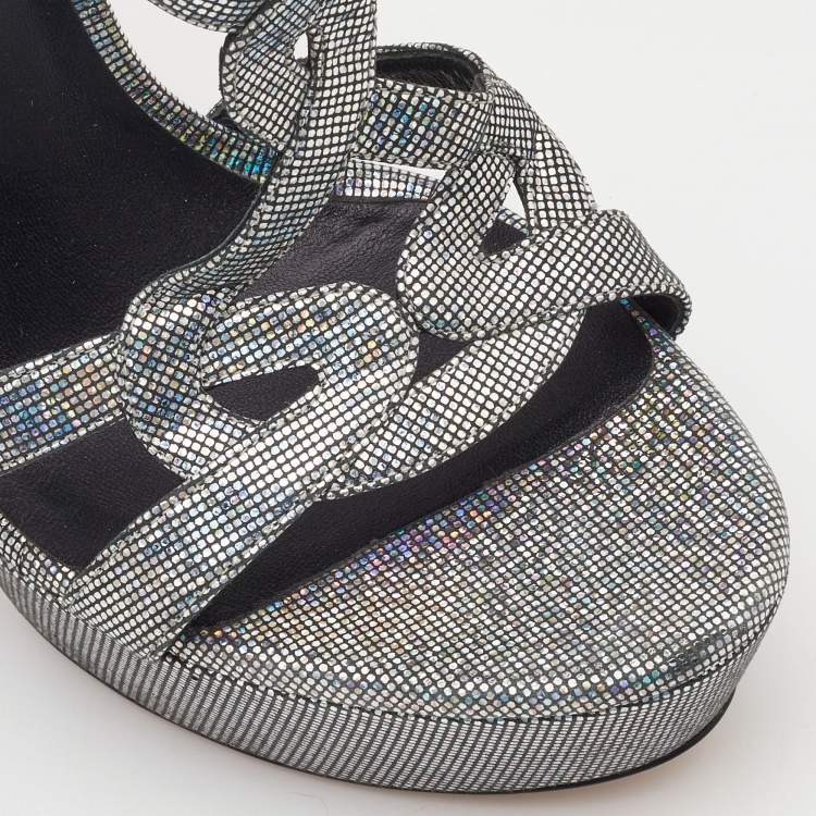 مملوكة مسبقًا Casadei Metallic Glitter Suede Ankle Strap Sandals Size 41