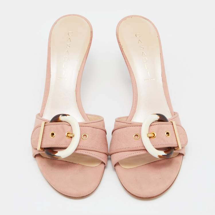 Pre Owned Casadei Pink Leather Buckle Detail Slide Sandals Size 40