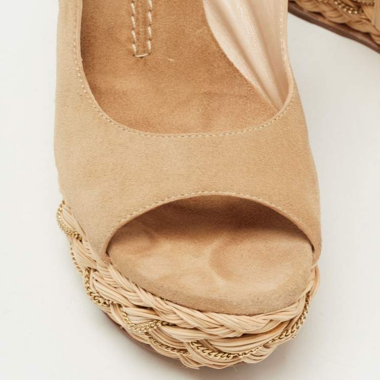 Pre Owned Casadei Beige Suede Raffia Wedge Platform Slingback Sandals Size 38