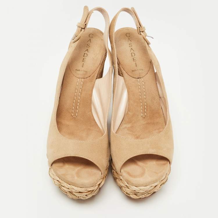 Pre Owned Casadei Beige Suede Raffia Wedge Platform Slingback Sandals Size 38