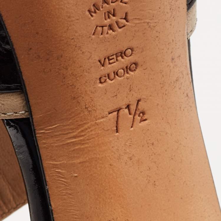 Pre Owned Casadei Black/Beige Patent and Leather Cut Out Lace Up Platform Booties Size 37.5