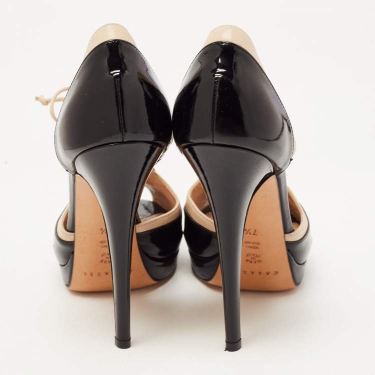 Pre Owned Casadei Black/Beige Patent and Leather Cut Out Lace Up Platform Booties Size 37.5