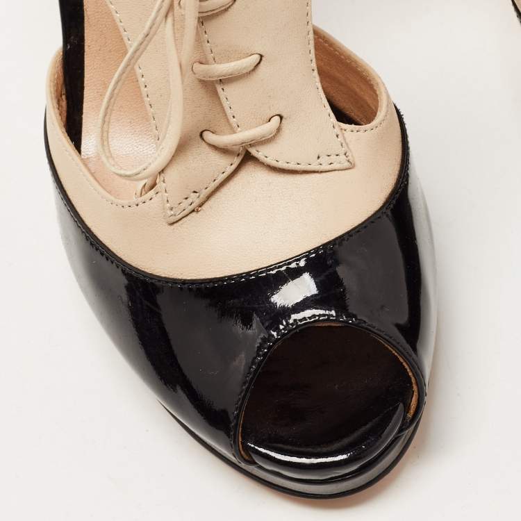 Pre Owned Casadei Black/Beige Patent and Leather Cut Out Lace Up Platform Booties Size 37.5