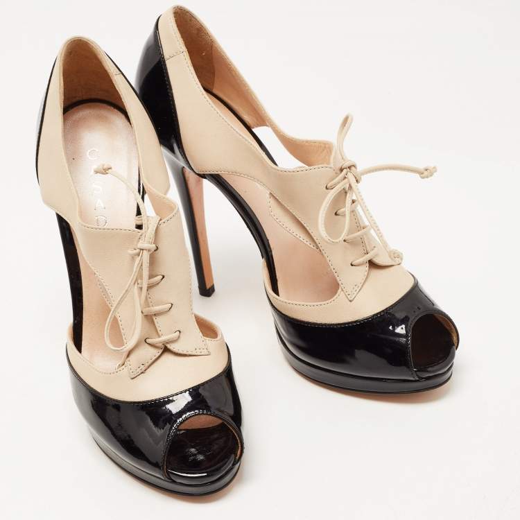 Pre Owned Casadei Black/Beige Patent and Leather Cut Out Lace Up Platform Booties Size 37.5