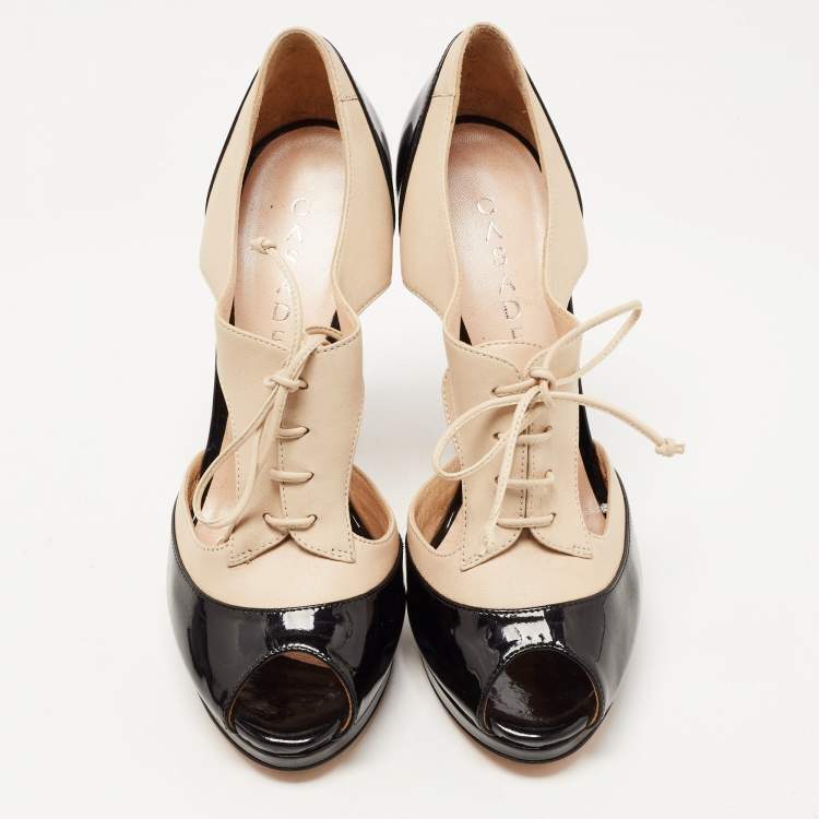 Pre Owned Casadei Black/Beige Patent and Leather Cut Out Lace Up Platform Booties Size 37.5