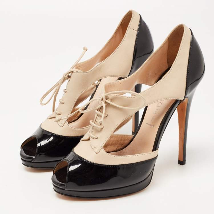 Pre Owned Casadei Black/Beige Patent and Leather Cut Out Lace Up Platform Booties Size 37.5