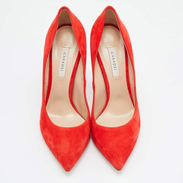 Pre Owned Casadei Red Suede Pointed Toe Pumps Size 38