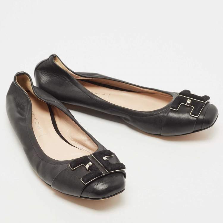 Pre Owned Casadei Black Leather Ballet Flats Size 40