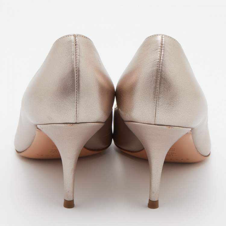 Pre Owned Casadei Metallic Leather and Satin Bow Peep Toe Pumps Size 39