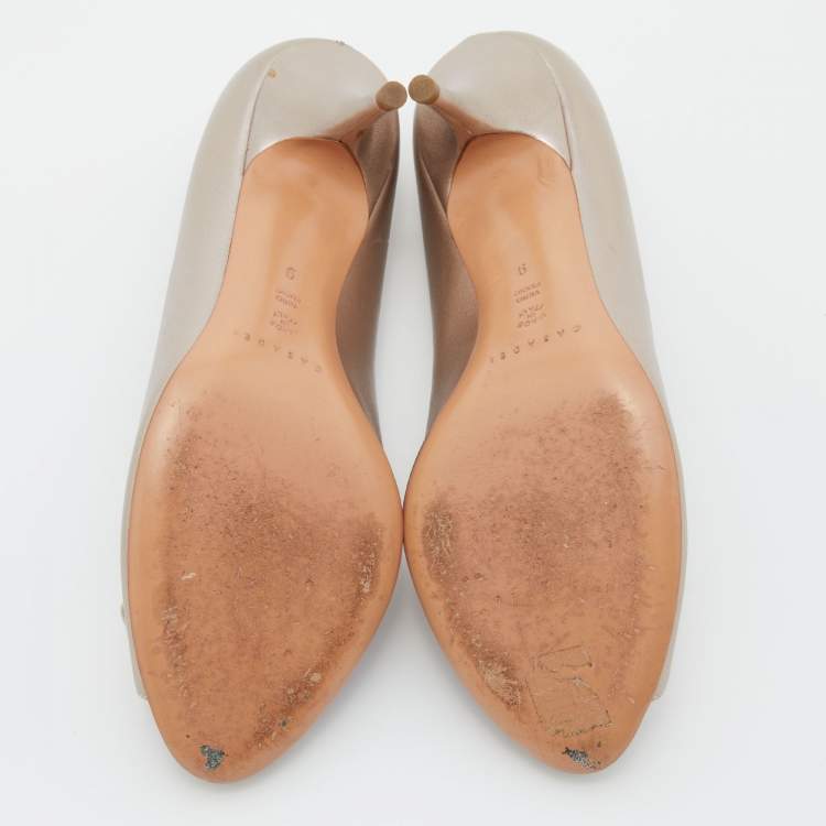Pre Owned Casadei Metallic Leather and Satin Bow Peep Toe Pumps Size 39