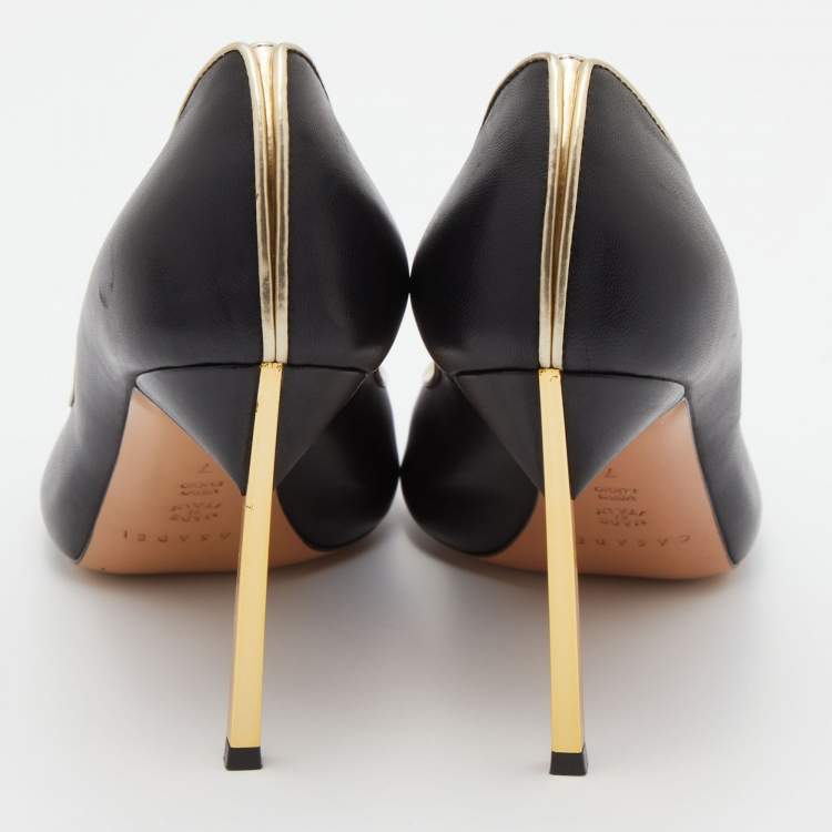 مملوكة مسبقًا Casadei Black/Gold Leather Open Toe Blade Heel Pumps Size 37