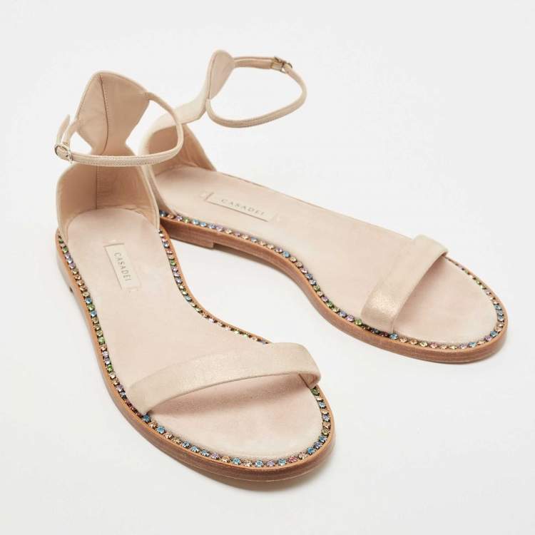 Pre Owned Casadei Metallic Pink Suede Crystal Embellished Ankle Strap Flats Size 39