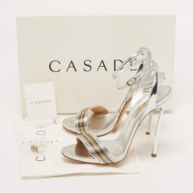 Pre Owned Casadei Metallic Silver Leather Piping Detail Ankle Strap Platform Sandals Size 37
