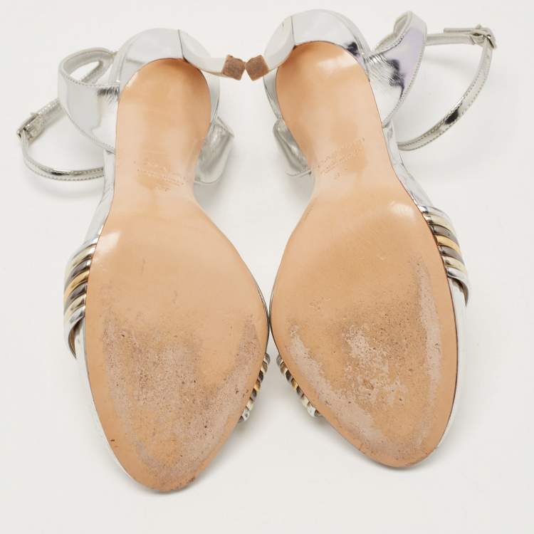 Pre Owned Casadei Metallic Silver Leather Piping Detail Ankle Strap Platform Sandals Size 37