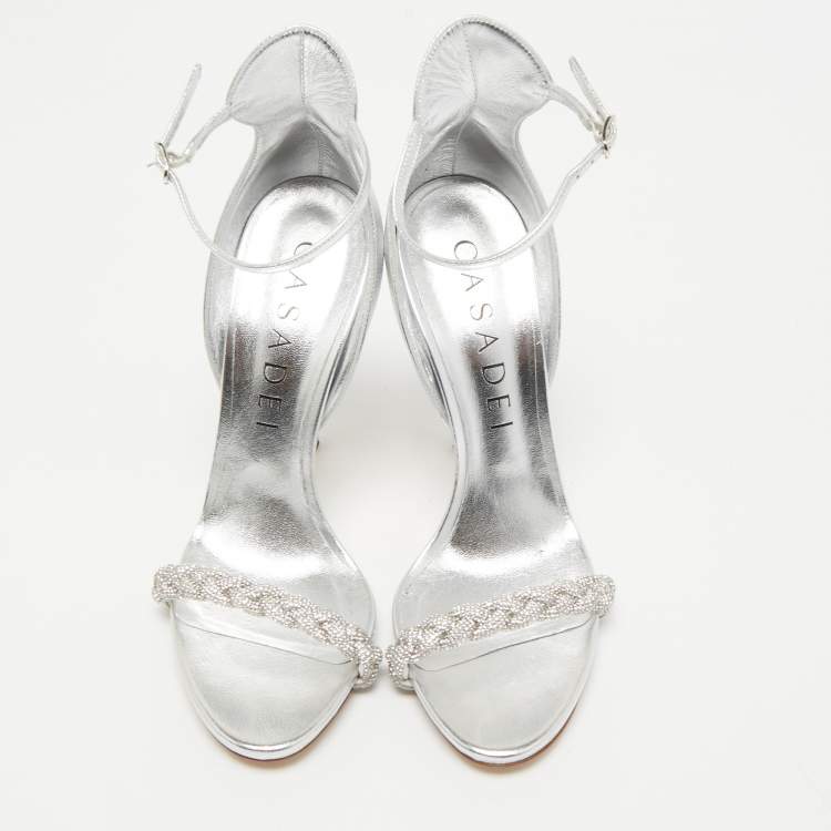 Pre Owned Casadei Silver Foil Leather and Crystal Venezia Ankle Strap Sandals Size 38.5