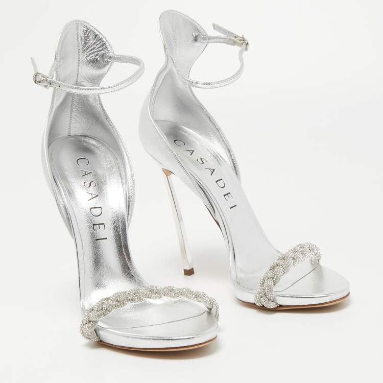 Pre Owned Casadei Silver Foil Leather and Crystal Venezia Ankle Strap Sandals Size 38.5